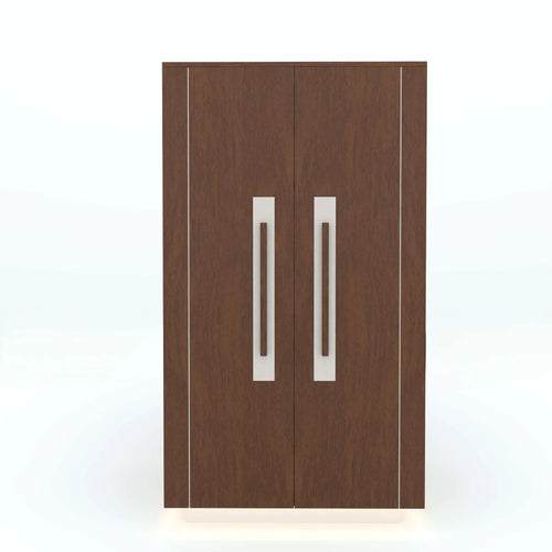 Brown Farzen double-door cupboard with long pale rectangular handles, front view