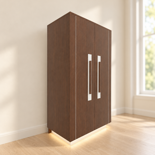 Farzen brown two-door cupboard with pale handle surrounds and illuminated base in a quiet bedroom corner