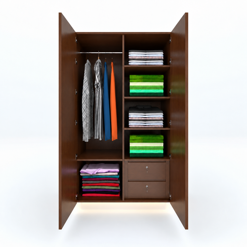 Open Farzen cupboard showing left hanging rail, right shelves and two lower lockable drawers