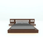 Brown Farzen bed with pale inset headboard panels and grey bedding, front view