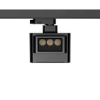 Black Fenley track light with two circular lamps mounted beneath a track