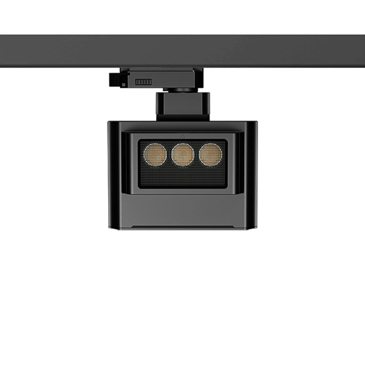 Black Fenley track light with two circular lamps mounted beneath a track
