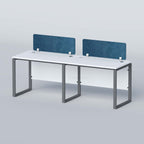 Flexi side-by-side two-person workstation with white tops and blue dividers