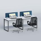 Flexi side-by-side workstation with two laptops and black office chairs
