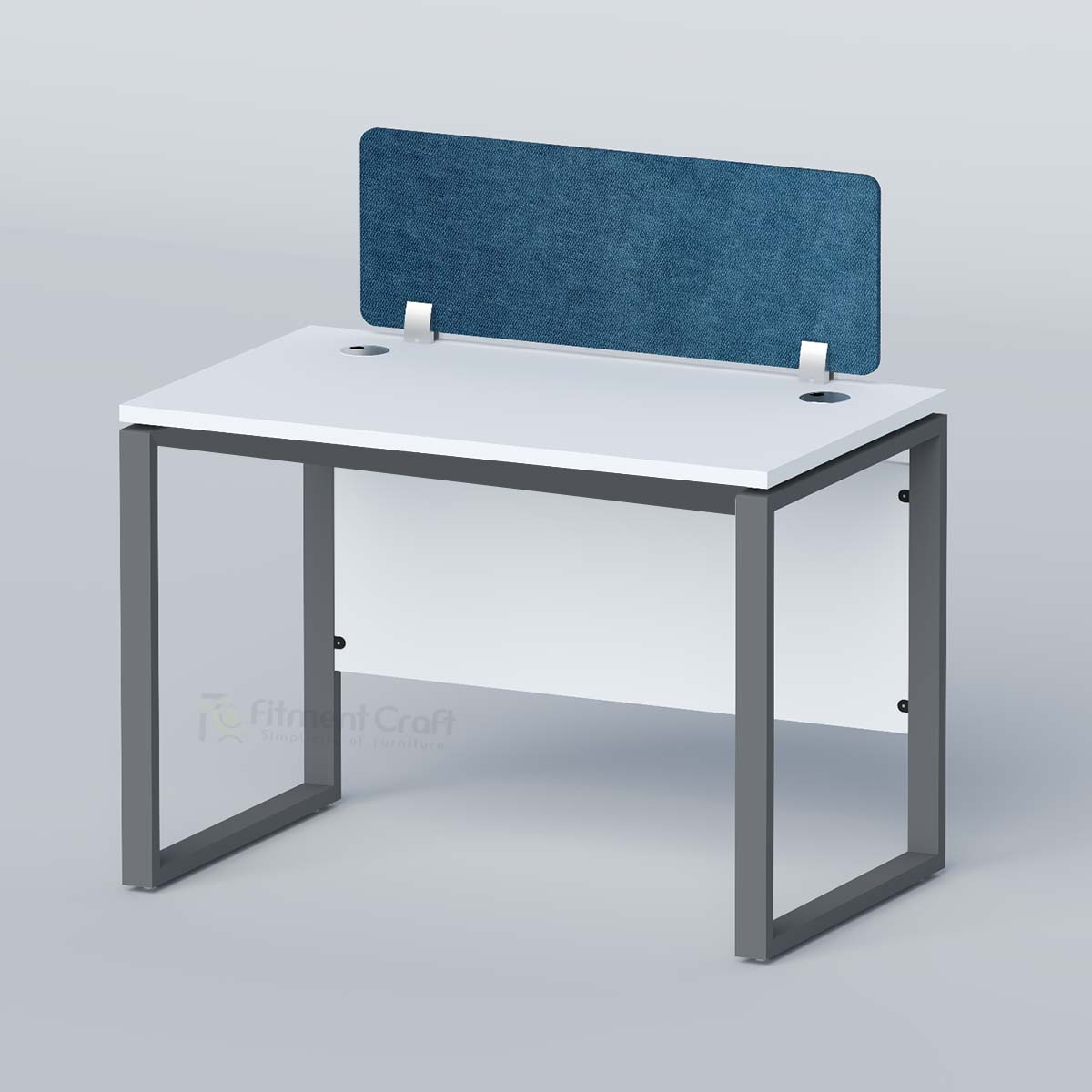 Flexi single workstation front angled view with white top and blue divider