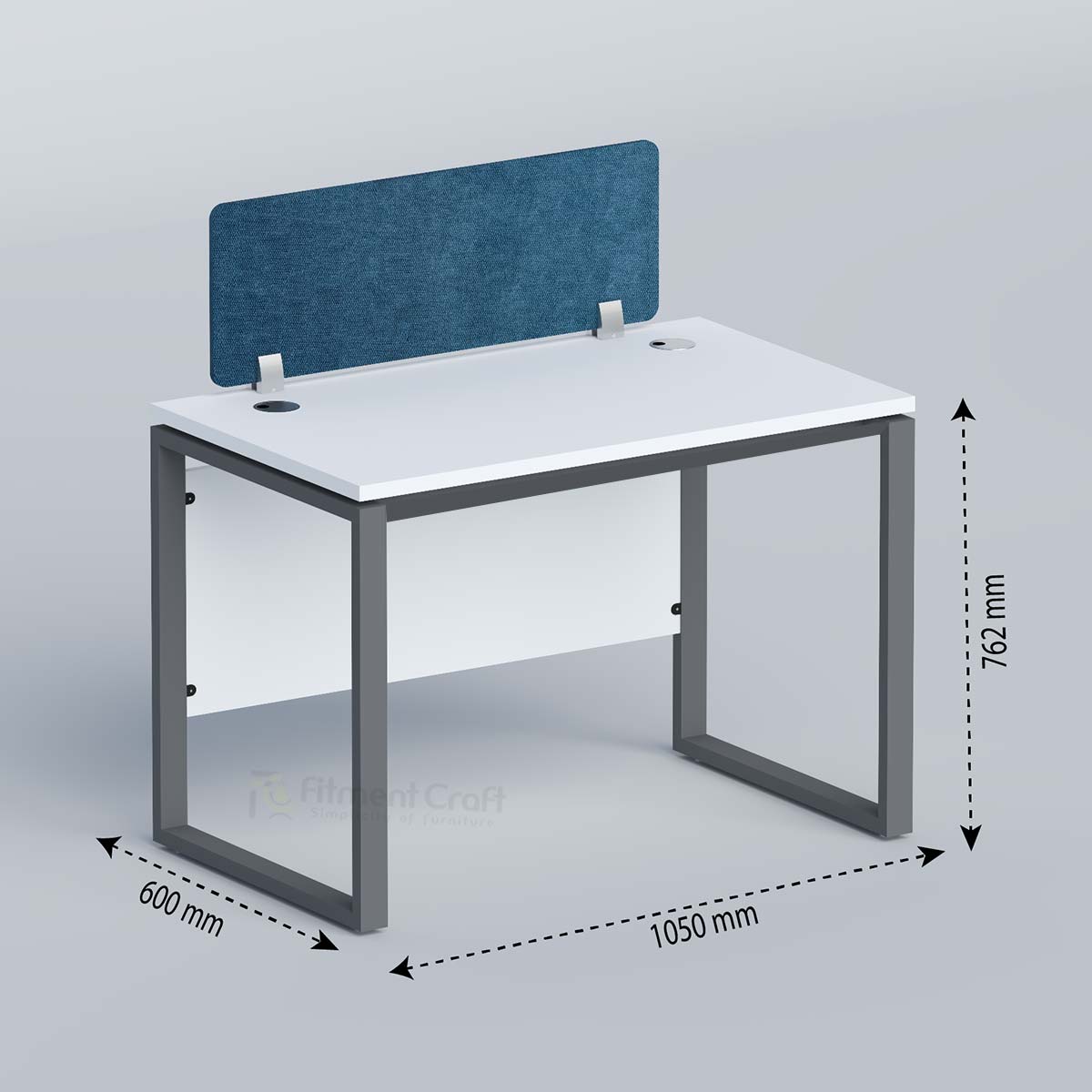 Flexi single workstation with blue divider and dimension arrows