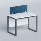 Flexi single workstation with white top, dark grey rectangular legs and blue divider