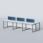 Flexi six-person face-to-face workstation with white tops and three blue dividers