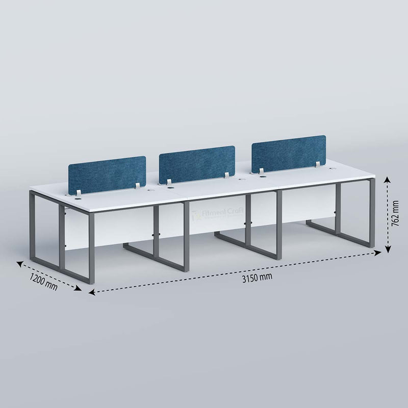 Flexi six-person workstation with blue dividers and dimension arrows