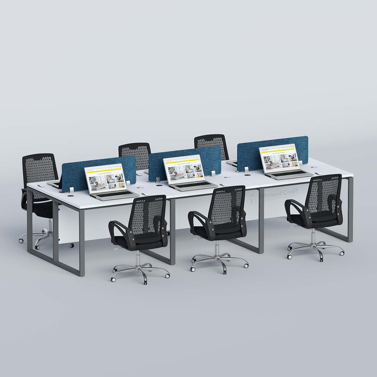 Flexi six-person workstation with laptops and six black office chairs