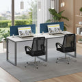 Flexi side-by-side two-person workstation with blue dividers, laptops and black chairs
