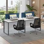 Flexi side-by-side two-person workstation with blue dividers, laptops and black chairs