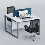 Flexi face-to-face workstation with blue divider, laptop and two black chairs