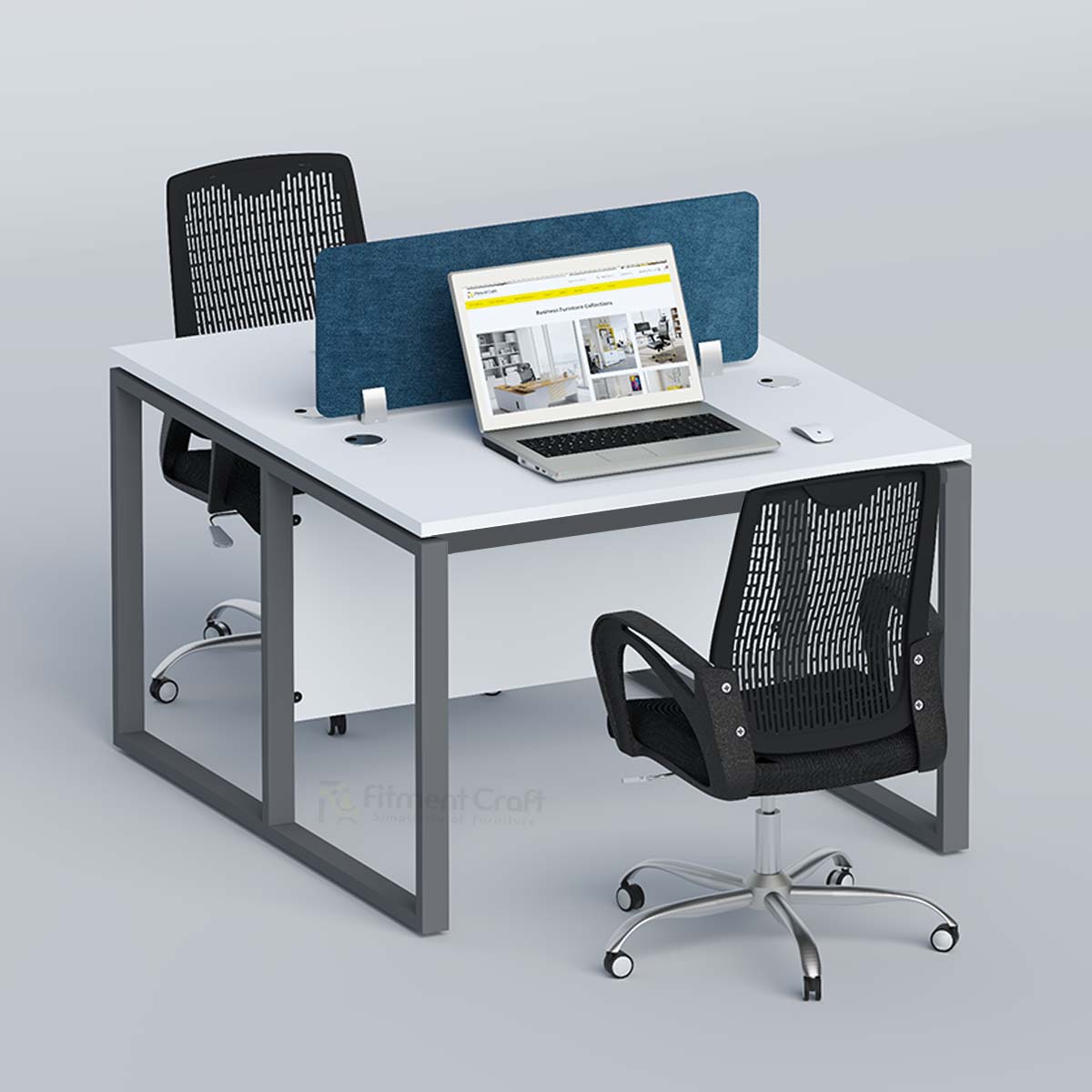 Flexi face-to-face workstation with blue divider, laptop and two black chairs