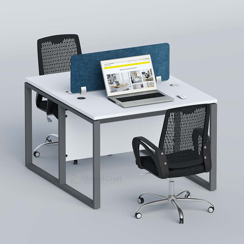 Flexi face-to-face workstation with blue divider, laptop and two black chairs