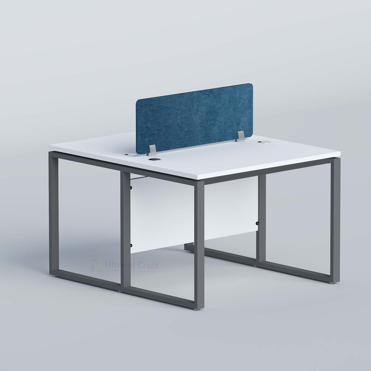 Flexi two-person workstation with white desktops, dark frame and blue divider