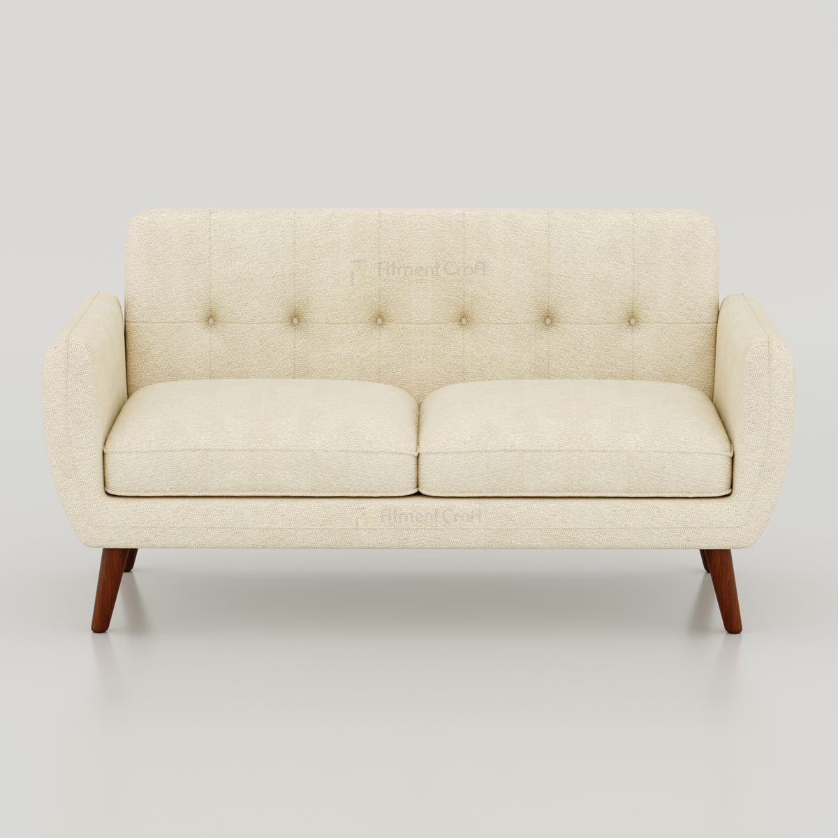 Cream Flora sofa with buttoned back, two seat cushions and angled brown legs