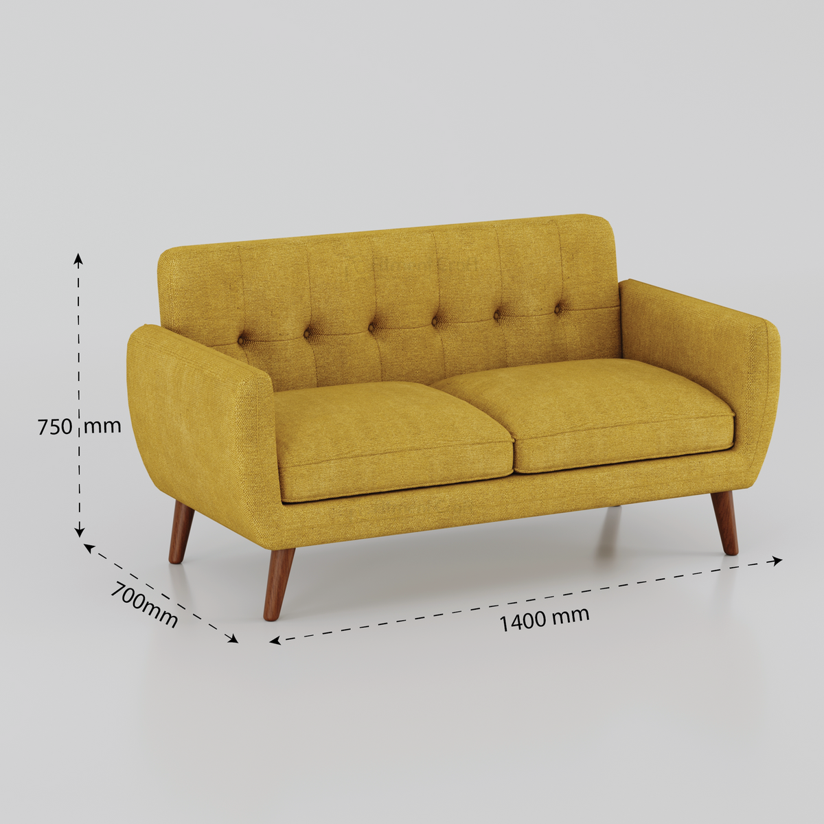 Mustard yellow Flora two-seat sofa dimension diagram