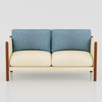 Cream Formo two-seat sofa with blue back cushions and brown side frame