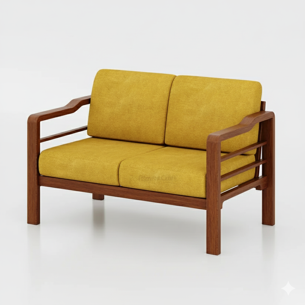 Mustard yellow Frolic two-seat sofa with brown open-arm frame
