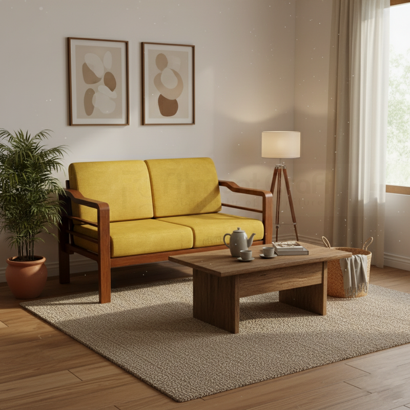 Mustard yellow Frolic two-seat sofa with brown arms beside a coffee table