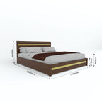 Goldline bed dimension diagram with brown frame, gold-coloured accents and grey bedding