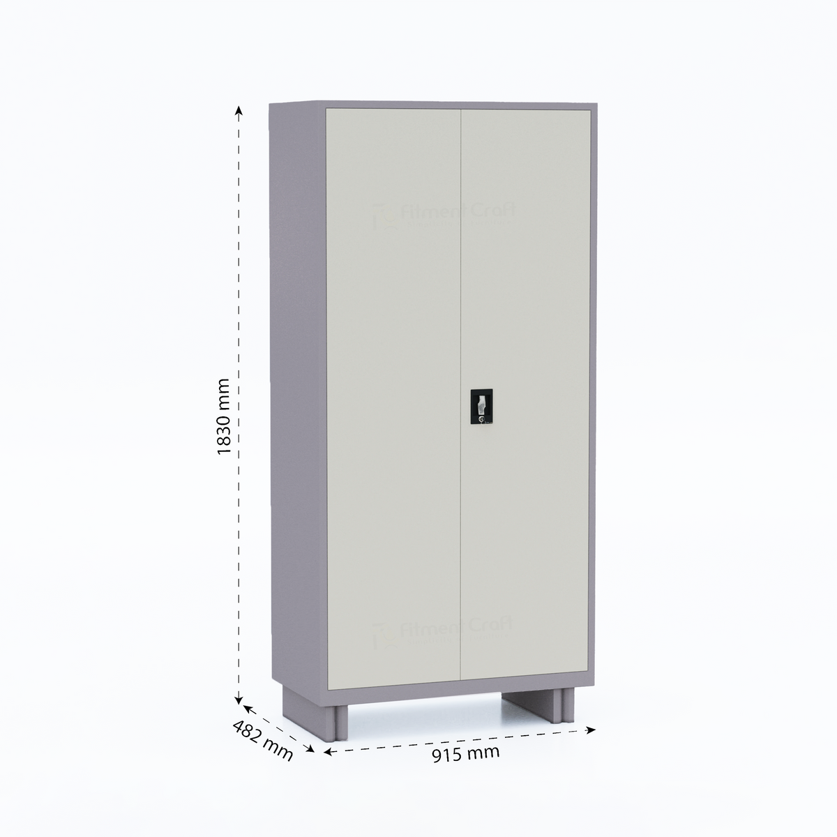 Grey and cream ALUXE double-door almirah with dimension arrows