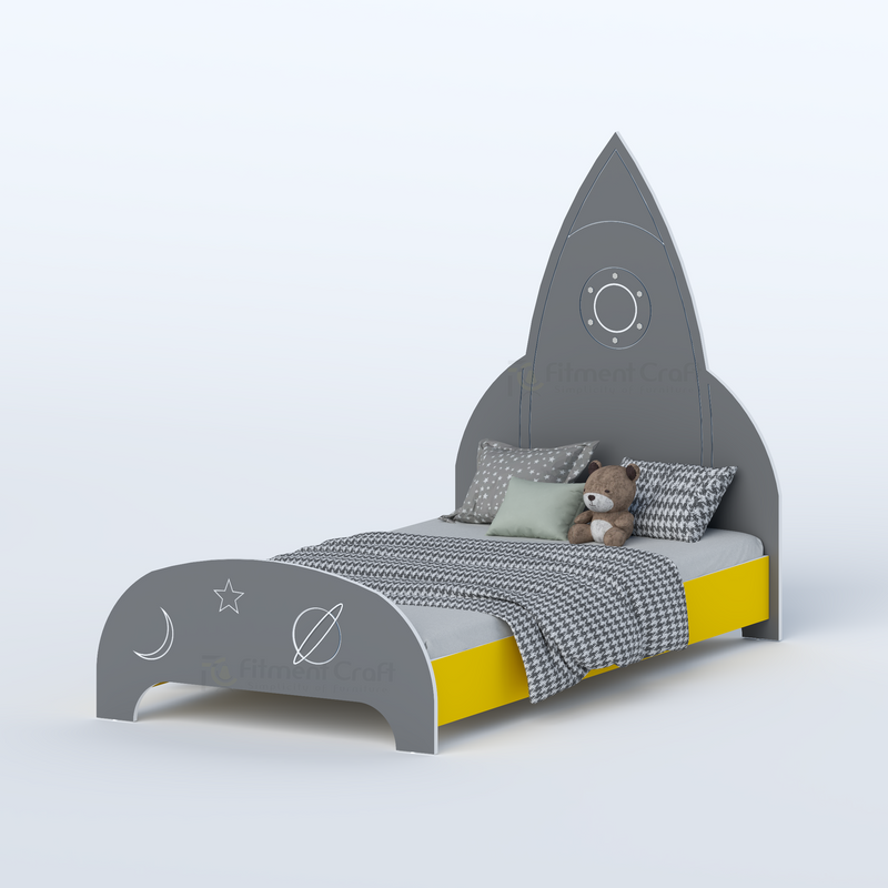 Grey and yellow Rocket kids bed with space-themed headboard and footboard