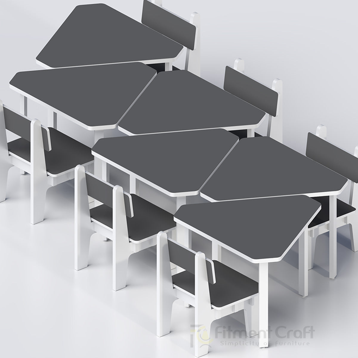 Grey Fusion modular school tables and chairs arranged in rows