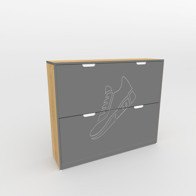 Grey Sarix shoe cabinet with two front panels and a shoe outline design