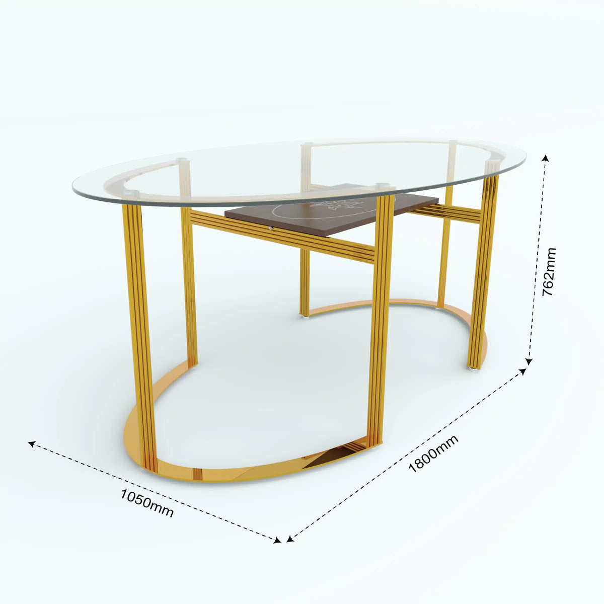 Halen dining table with oval transparent top, gold-coloured frame and dimension annotations