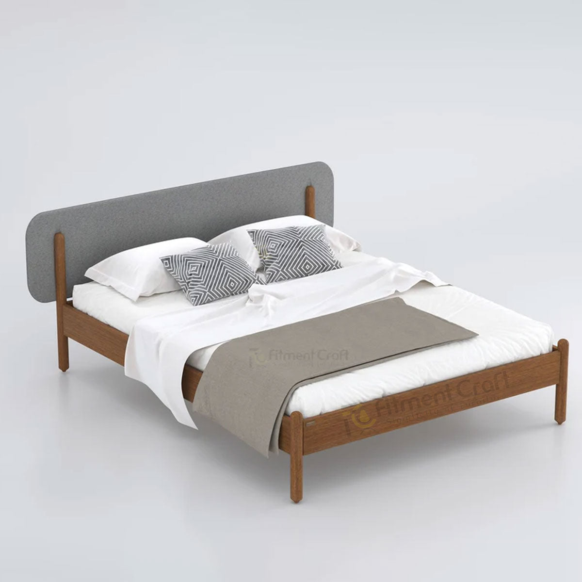 Brown Hauser bed with grey padded headboard and pale bedding, angled view