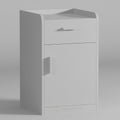 Grey hospital bedside cabinet with upper drawer, lower door and raised top edges