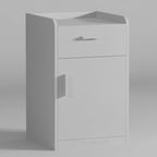 Grey hospital bedside cabinet with upper drawer, lower door and raised top edges