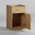 Wood-tone hospital bedside cabinet with lower cupboard door open