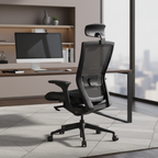 Rear angled view of black Inform office chair with mesh back and headrest beside a desk