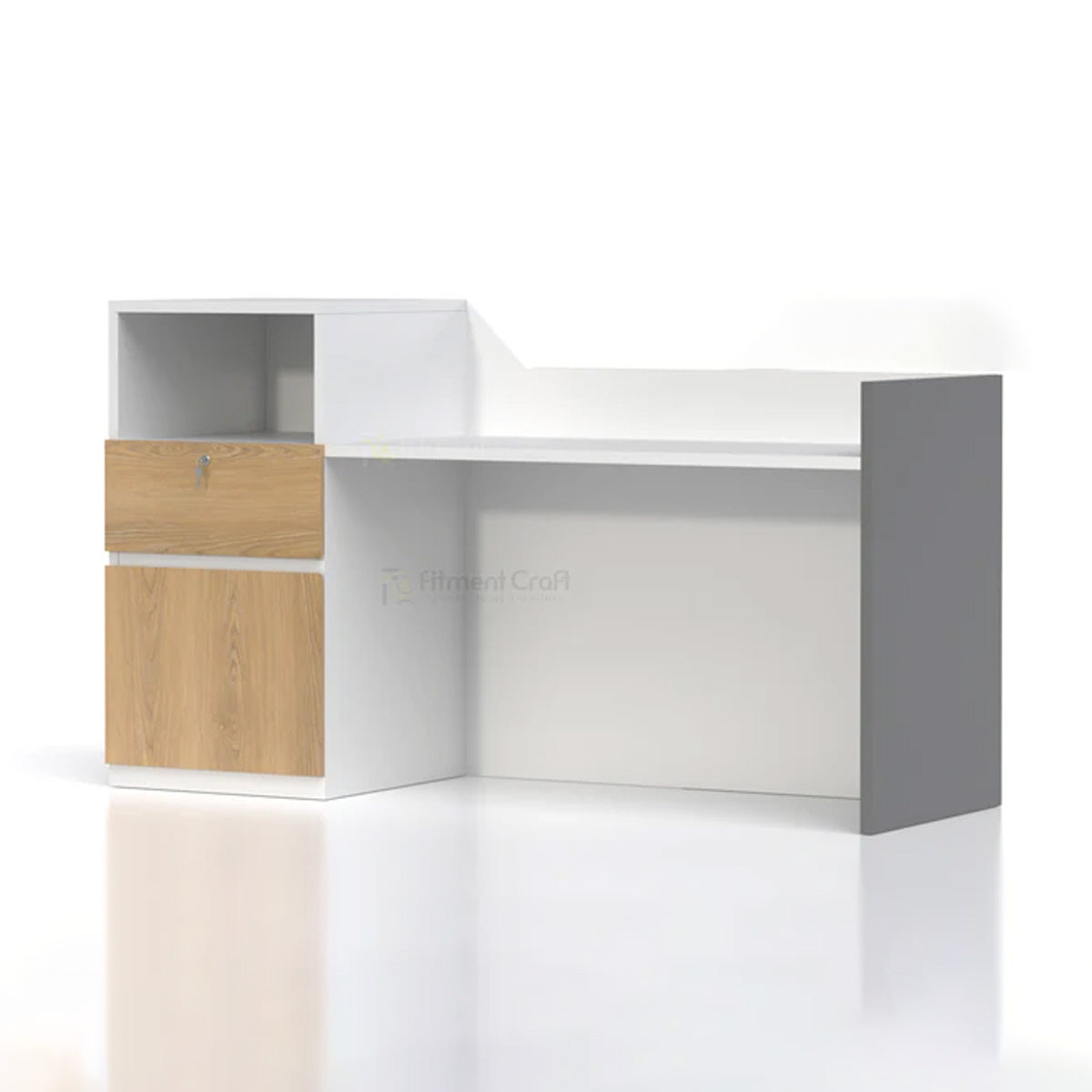Invite reception desk rear view showing white work surface, storage cubby and wood-tone cabinet