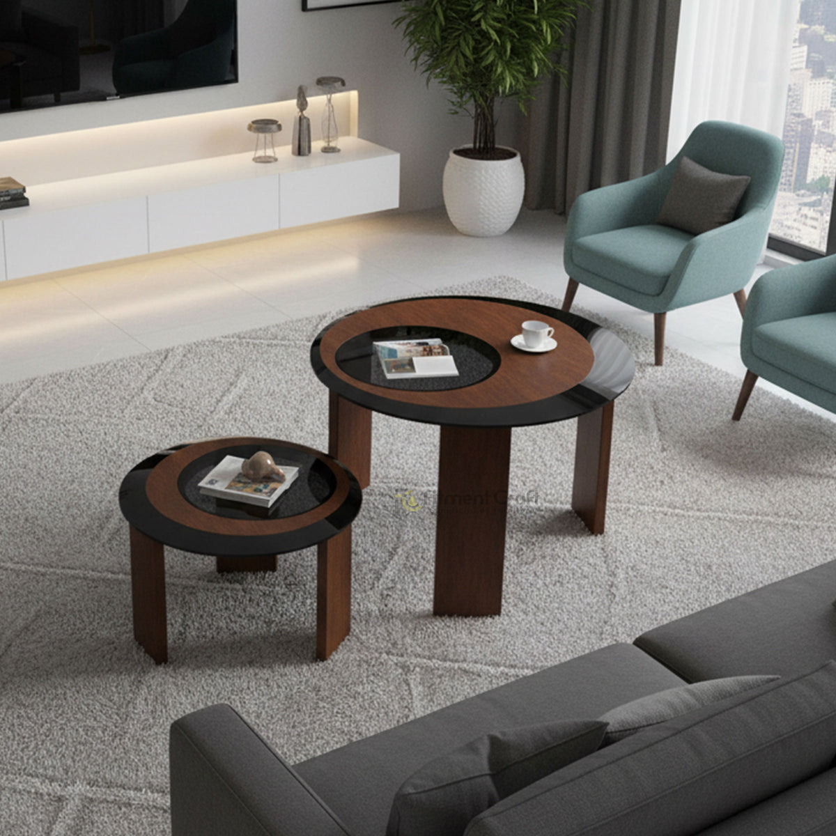Kayro round nesting center tables with brown tops and black inset trays in a living room