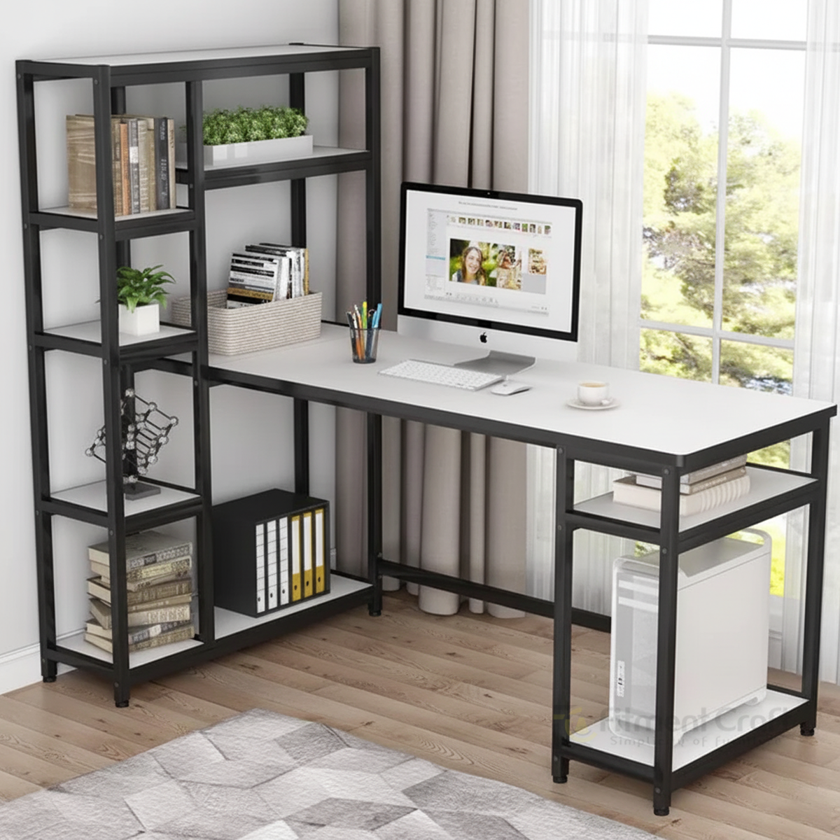 Large Apex study desk with pale desktop, tall side shelves and black frame