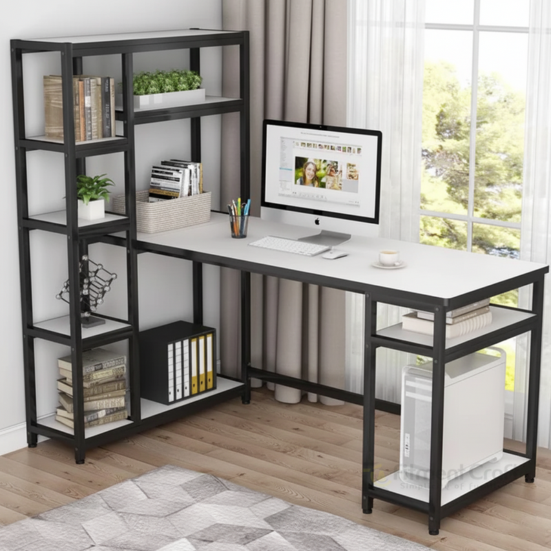 Large Apex study desk with pale desktop, tall side shelves and black frame
