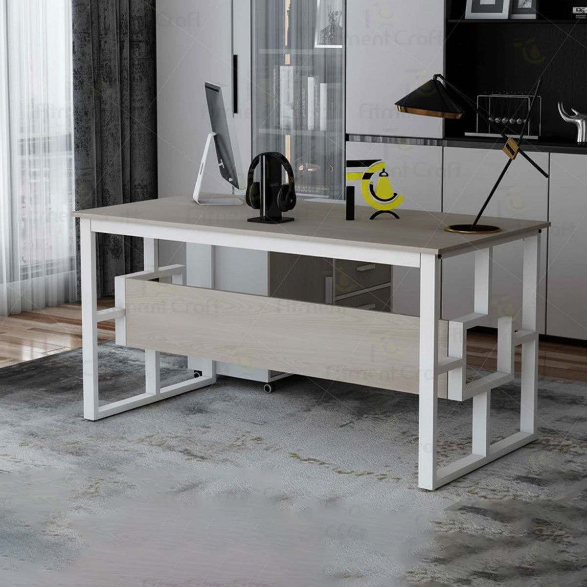 Light wood-tone Aristocrat executive desk with computer and lamp in an office