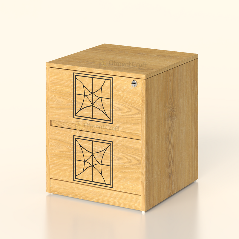 Light wood-tone Aynor bedside cabinet with two drawers and geometric front patterns