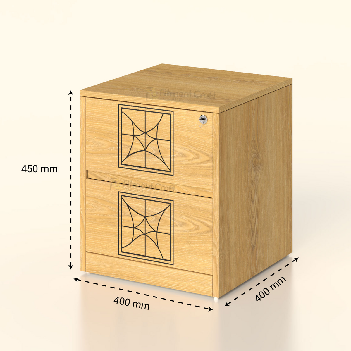 Light wood-tone Aynor two-drawer bedside cabinet with dimension arrows