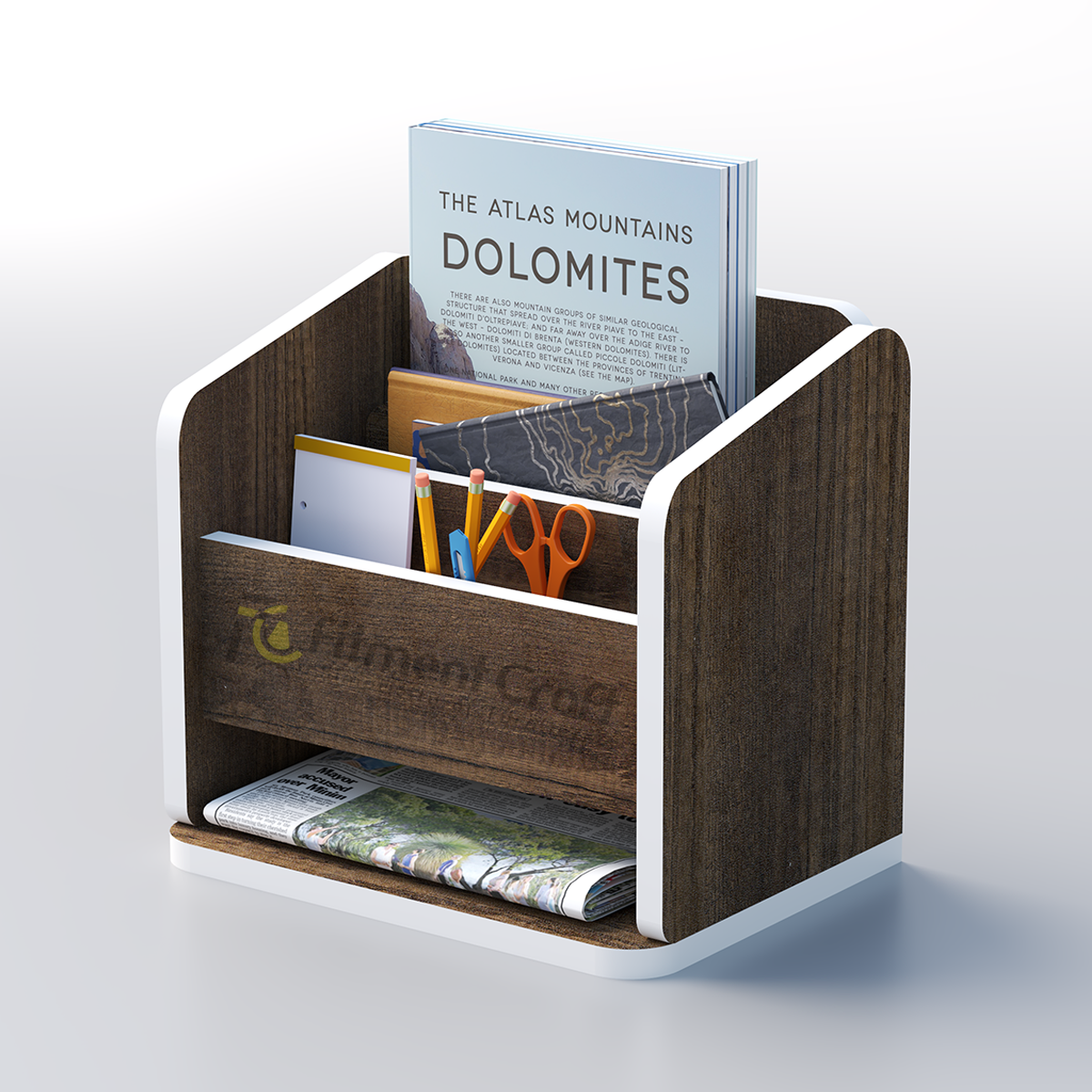 Brown and white Lineup file holder with books, stationery compartments and lower paper slot