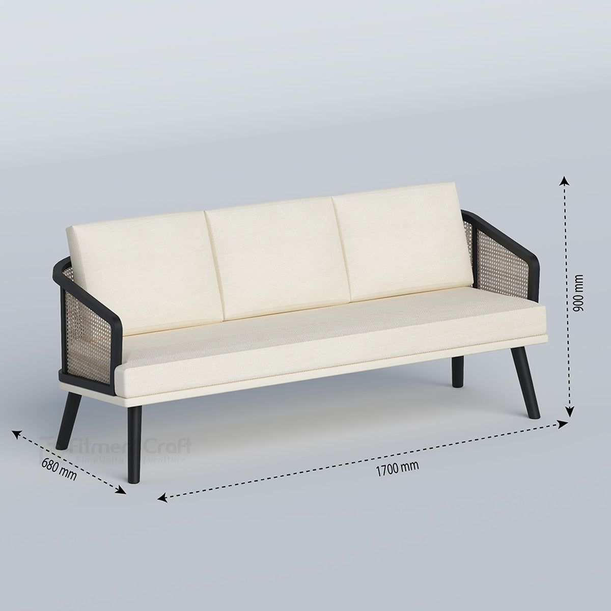Cream Linora three-seat sofa with black frame and dimension annotations