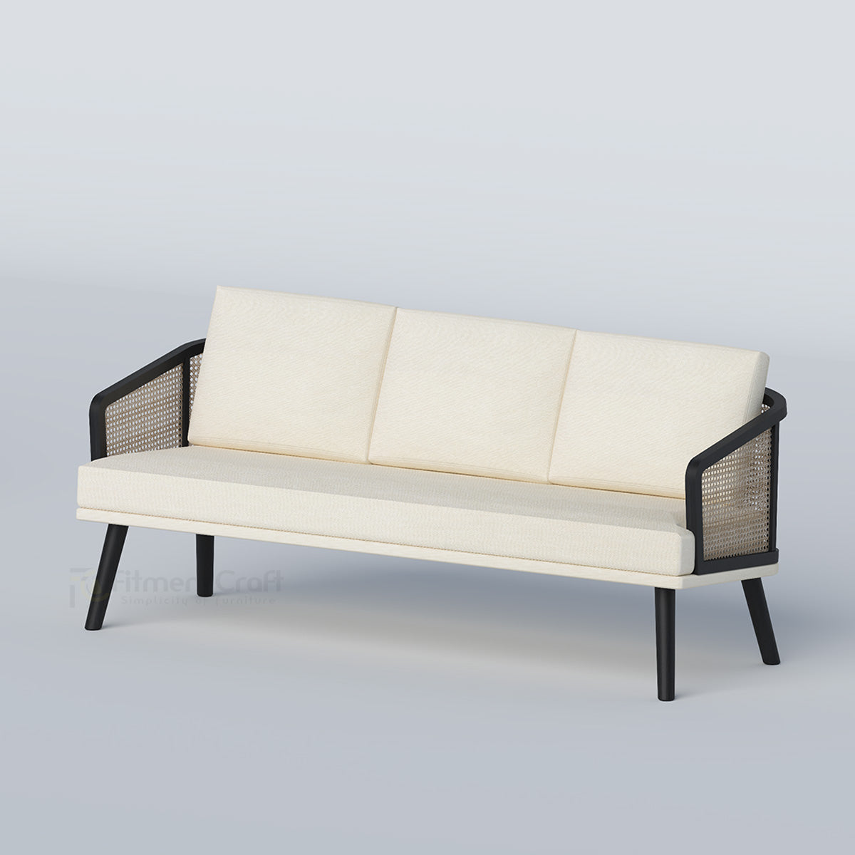 Cream Linora three-seat sofa with black frame and woven side panels