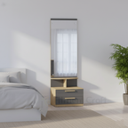 Lusora dressing cabinet with tall mirror, wood-tone frame and dark lower drawers