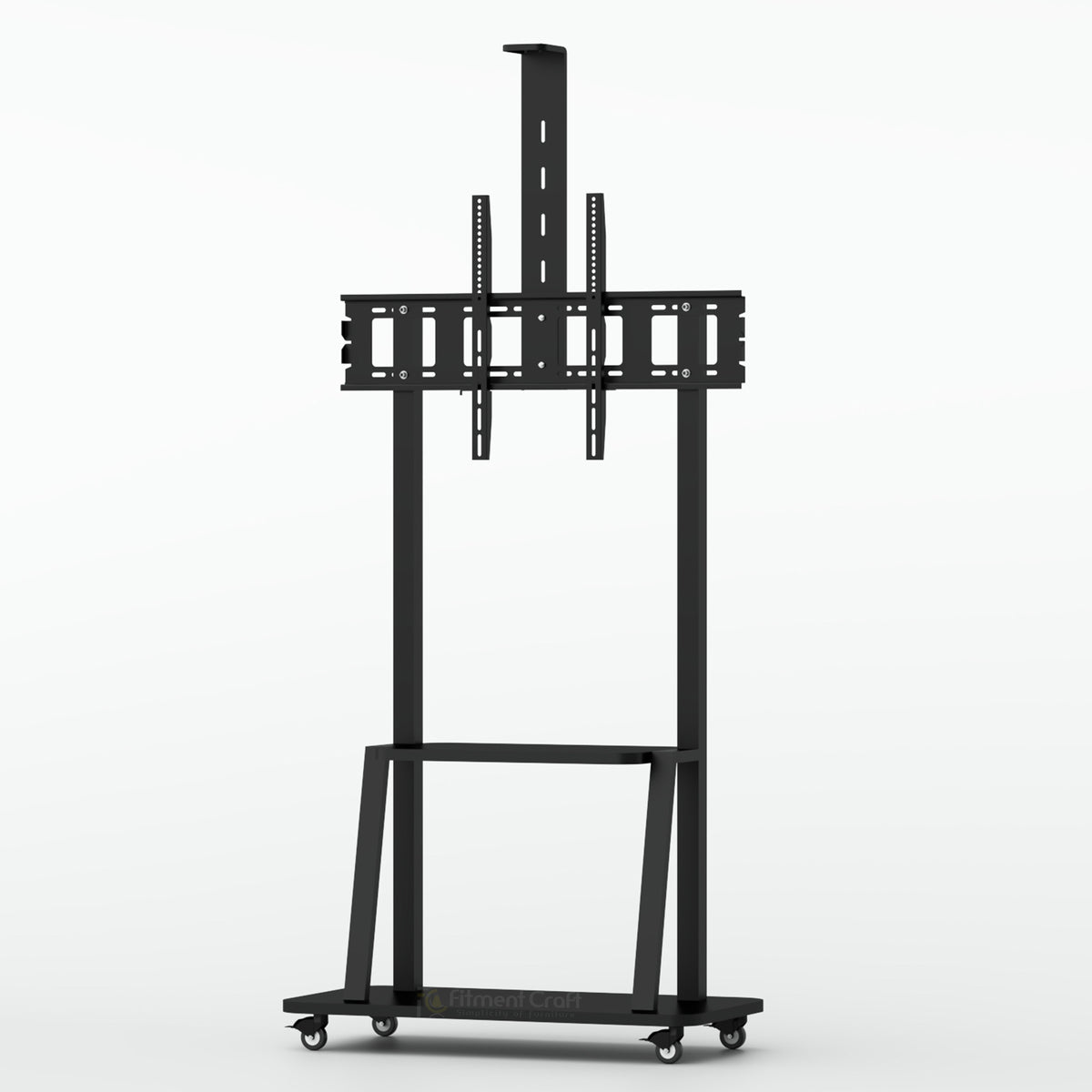 Black Majestic TV stand with tall central support, mounting bracket and wheeled base