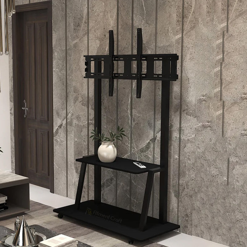Black Majestic TV stand with mounting bracket and lower shelf beside a wall