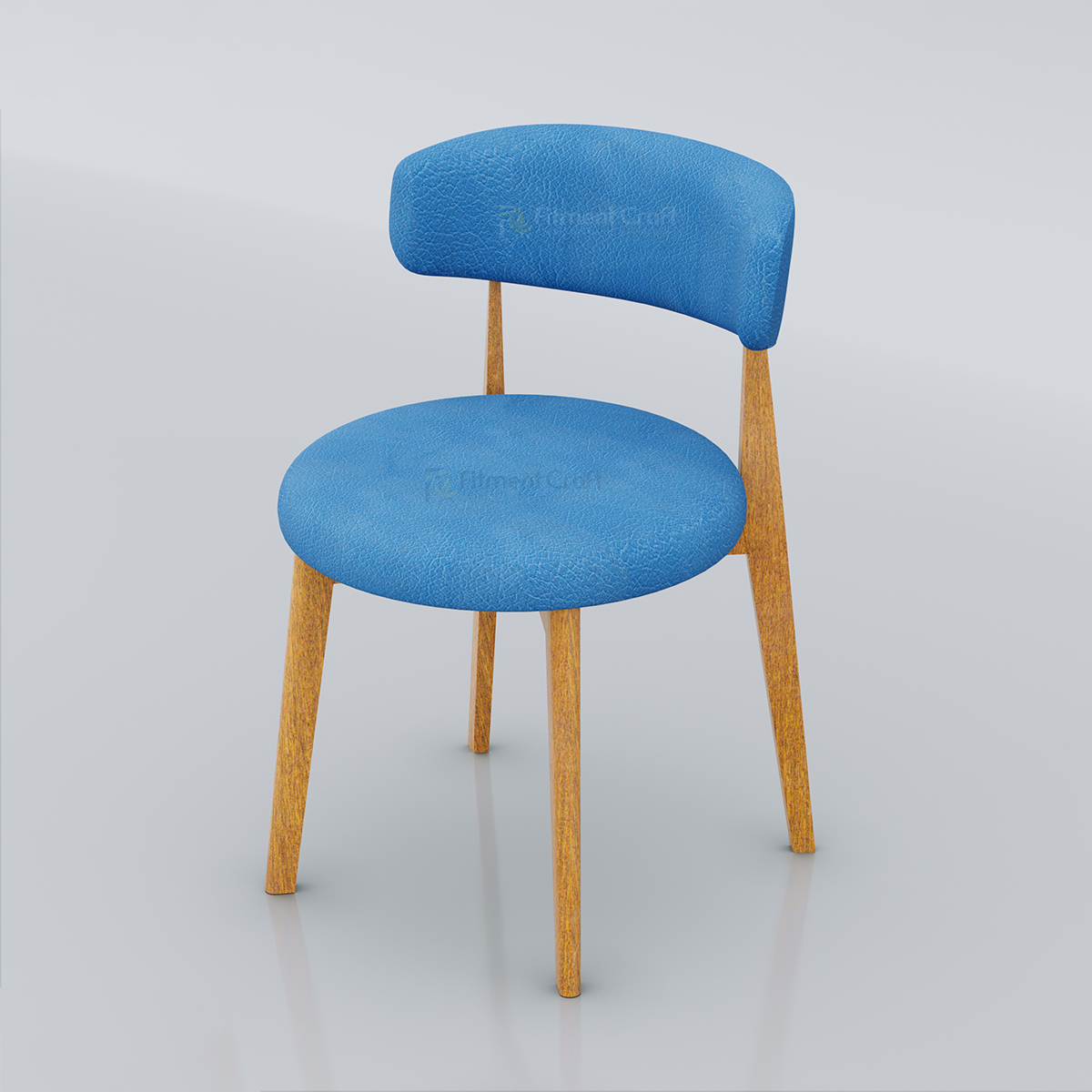 Blue Masura chair with round padded seat, curved back and light brown legs
